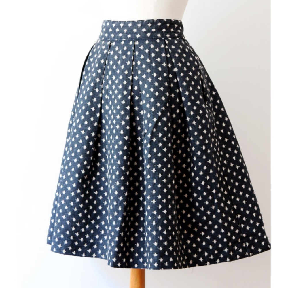 Navy Blue 100% Linen Pleated Retro Cute Midi Skirt - Picture 2 of 8
